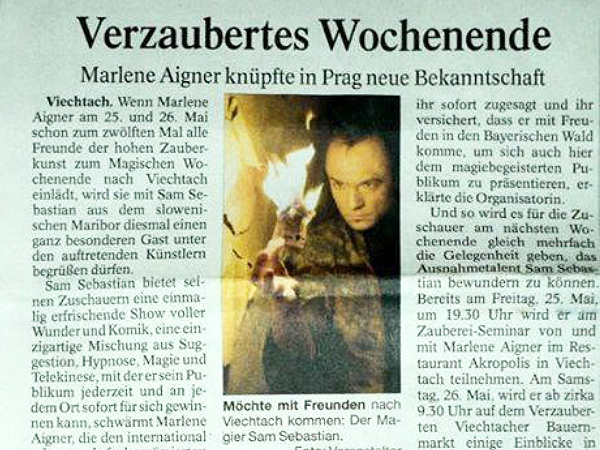 Čarodej, čarovnik in mentalist Sam Sebastian v nemškem časopisu Viechtach.