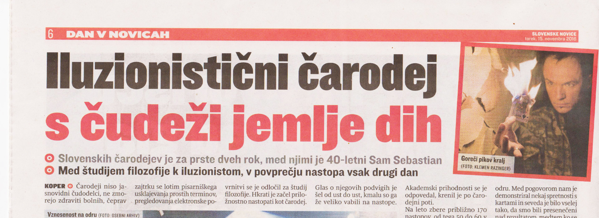 Čarodej in iluzionist Sam Sebastian na naslovnici časopisa Slovenske Novice.
